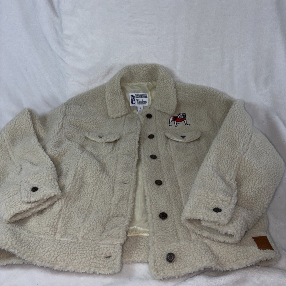 Georgia Bulldogs Jacket Womens Small Beige Standing Dawg Sherpa‎ Fleece Pressbox